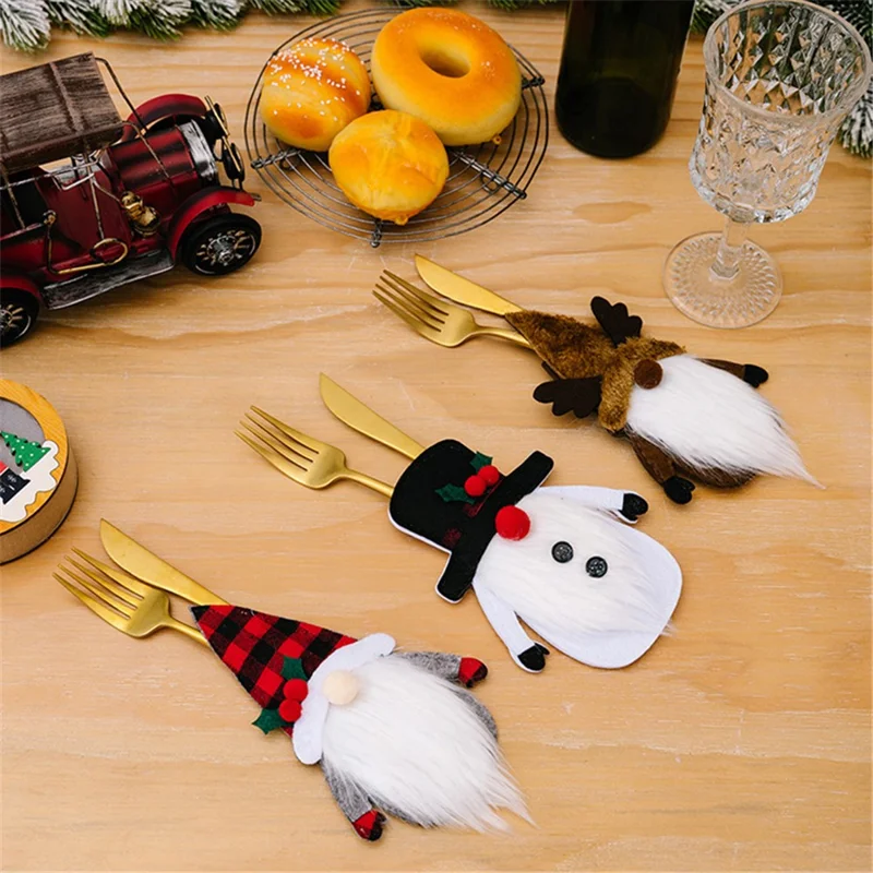 Christmas Gnome Fork Knife Cover Cutlery Cloth Pouch Dining Table Decoration Gift - Snowman