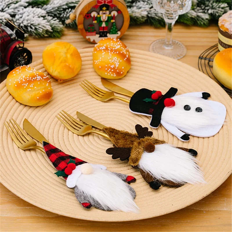 Christmas Gnome Fork Knife Cover Cutlery Cloth Pouch Dining Table Decoration Gift - Snowman