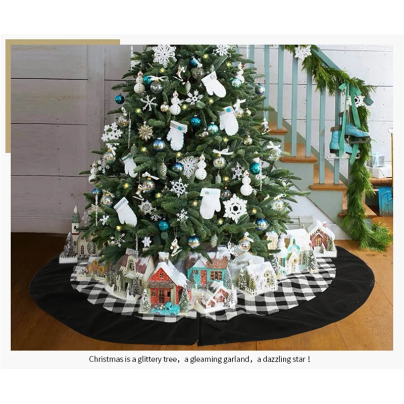 Christmas Tree Skirt Black and White Plaid Cloth Decoration Xmas Tree Ornament for Home Holiday Decor
