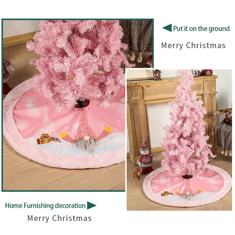 Flannel Xmas Tree Ornament Pink Christmas Tree Skirt Gnome Snow Pattern Decoration Home Holiday Decor with LED Light - Boy