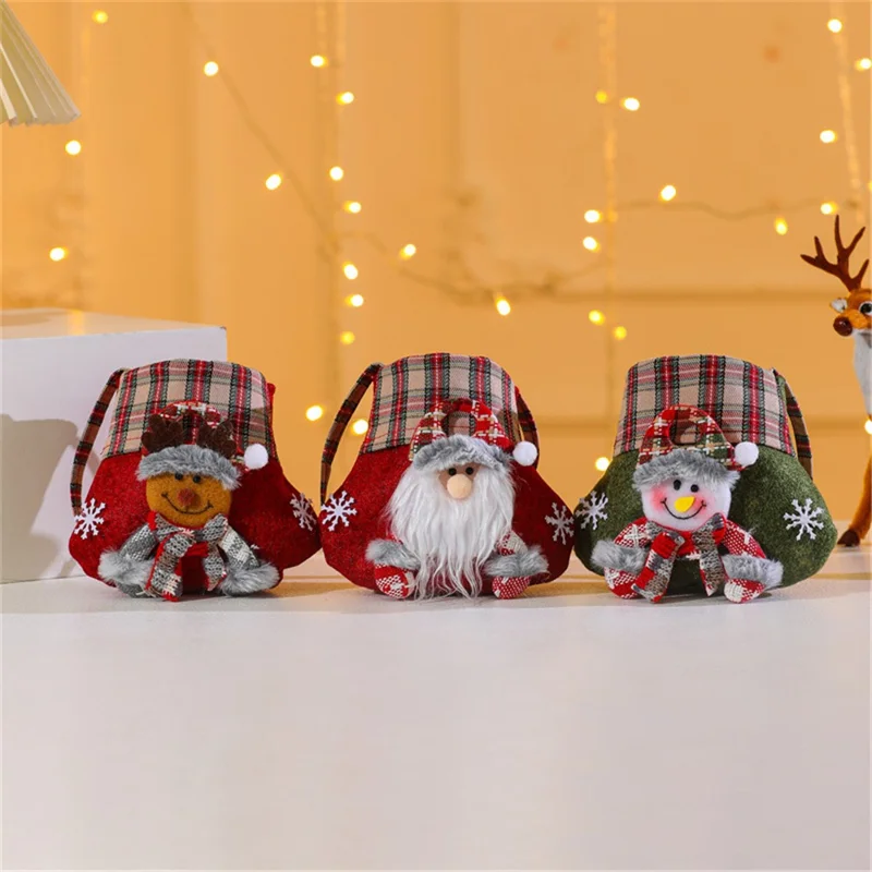 Christmas Candy Bag Non-Woven Plaid Gift Sweet Handbag Tote Bag Xmas Party Supply - Santa