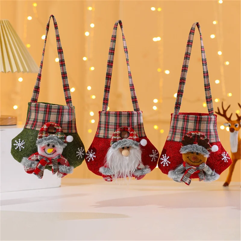 Christmas Candy Bag Non-Woven Plaid Gift Sweet Handbag Tote Bag Xmas Party Supply - Santa