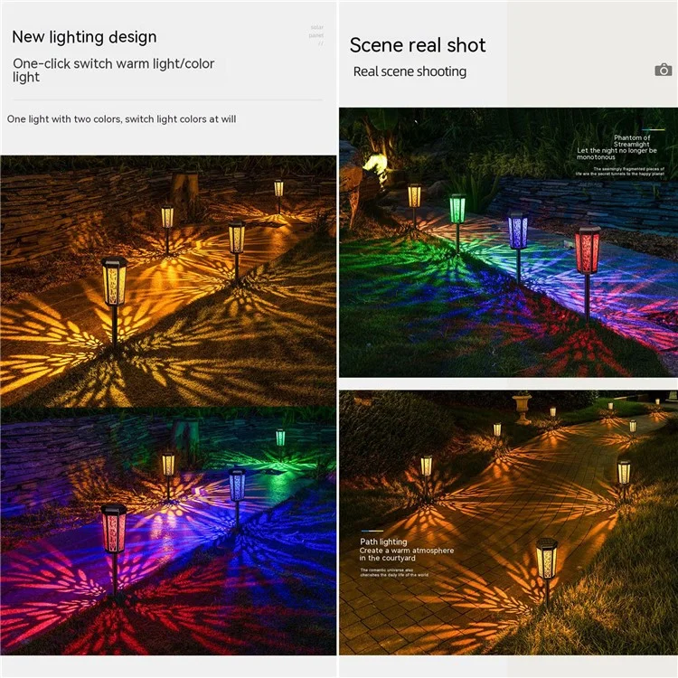 DS019 Hexagonal Leaf Hollow-Out Home Yard Lawn Light Solar Powered Stake LED Lamp with Warm Light+RGB