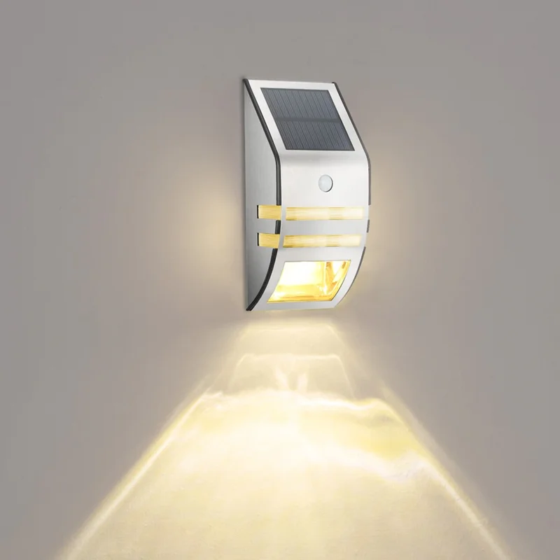 DS-SL2 Trapezoidalna lampa solarna ścienna z czujnikiem ruchu PIR, wodoodporna, oświetlenie ogrodowe LED - srebrna obudowa / ciepłe światło