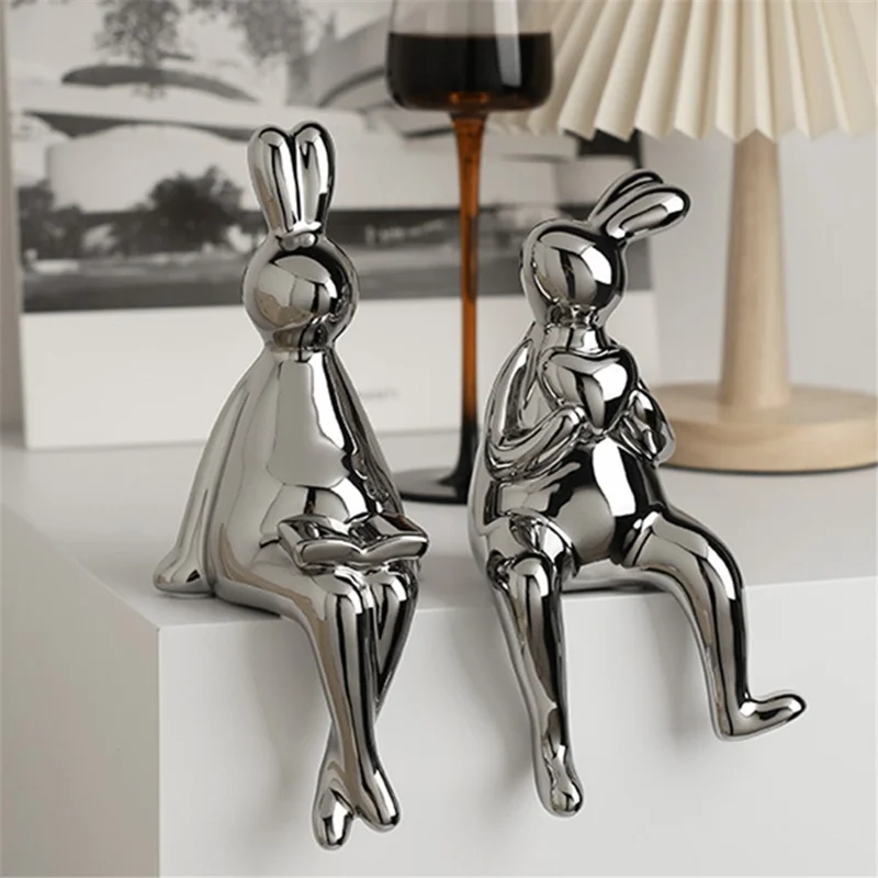 BHM 1 Pair Ceramic Rabbit Decors TV Stand Decor Shelf Decorations Statue Set for Home Living Room, Wine Cabinet
