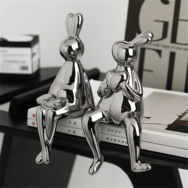 BHM 1 Pair Ceramic Rabbit Decors TV Stand Decor Shelf Decorations Statue Set for Home Living Room, Wine Cabinet