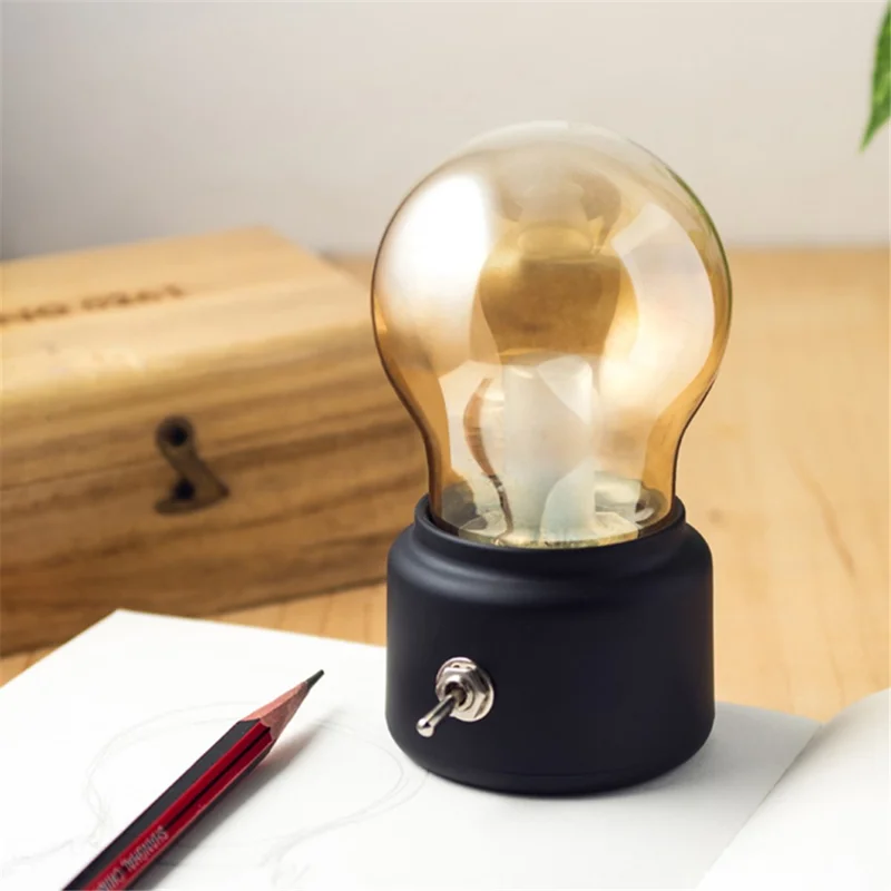 JP-dpd Vintage Glass Bulb with Metal Toggle Switch USB Powered Night Light Home Decor - Black