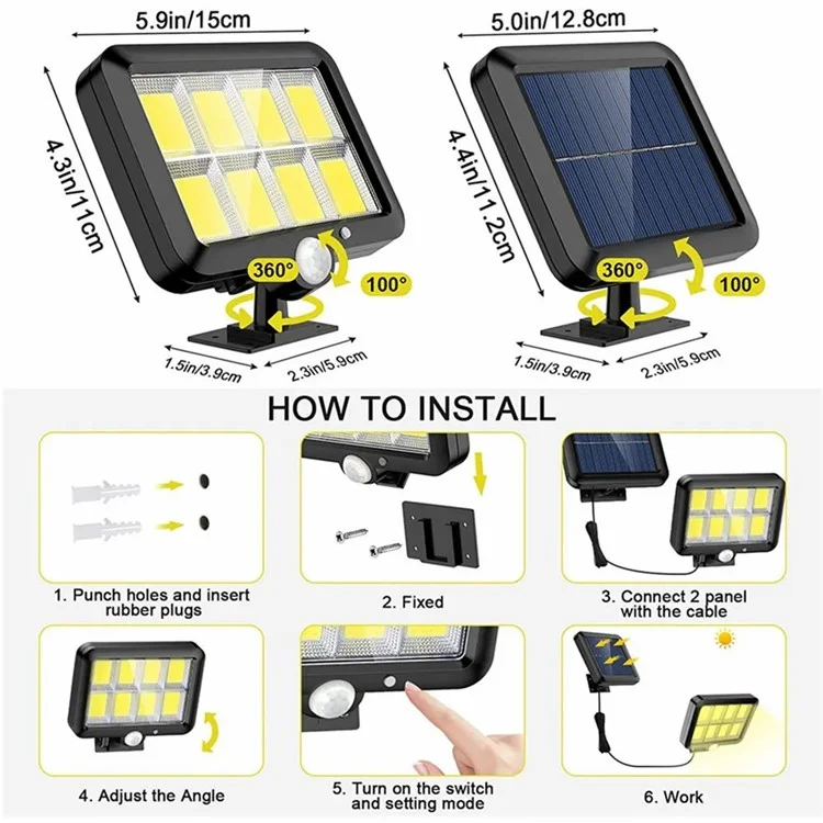 jl-159 Split PIR-Bewegungssensor-Solarleuchte für Außenwände, Nachtbeleuchtung für Garten, Hof - 120COB / 12-Raster