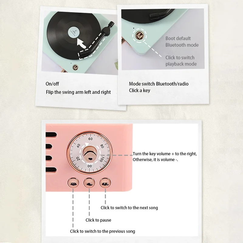 T15 Desktop Wireless Speaker Retro Vinyl Record Design Bluetooth-compatible Speaker (Standard Version) - Pink