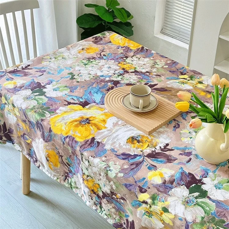 120x120cm Waterproof Oil-proof Tablecloth Oil Painting Floral Pattern Party Table Cover - Purple Yellow Flower
