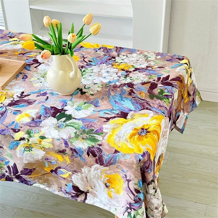 120x120cm Waterproof Oil-proof Tablecloth Oil Painting Floral Pattern Party Table Cover - Purple Yellow Flower