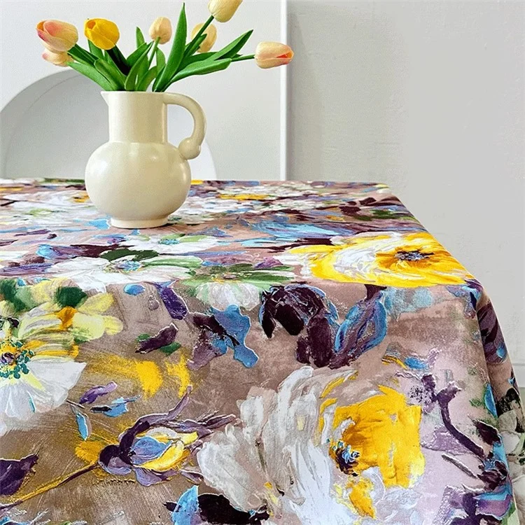 120x120cm Waterproof Oil-proof Tablecloth Oil Painting Floral Pattern Party Table Cover - Purple Yellow Flower