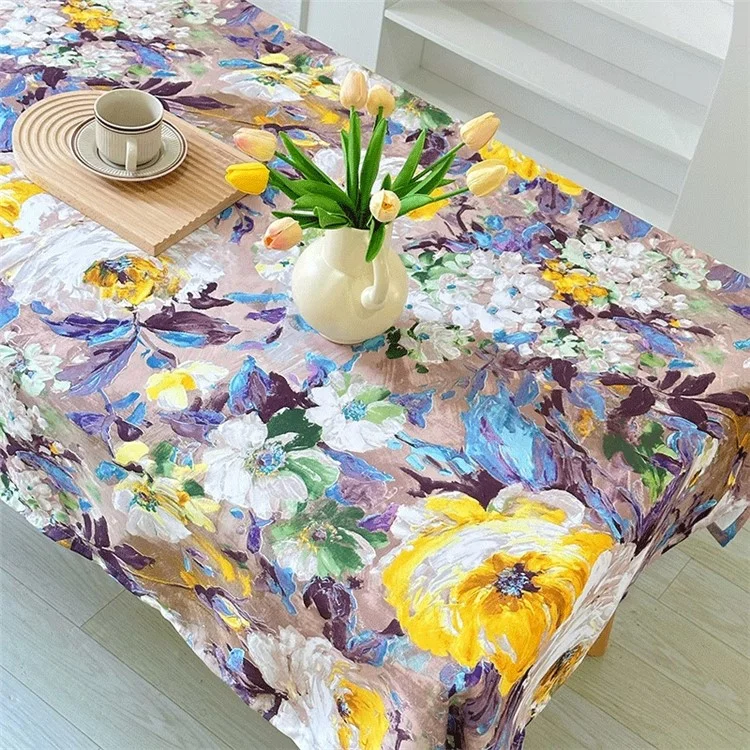120x120cm Waterproof Oil-proof Tablecloth Oil Painting Floral Pattern Party Table Cover - Purple Yellow Flower