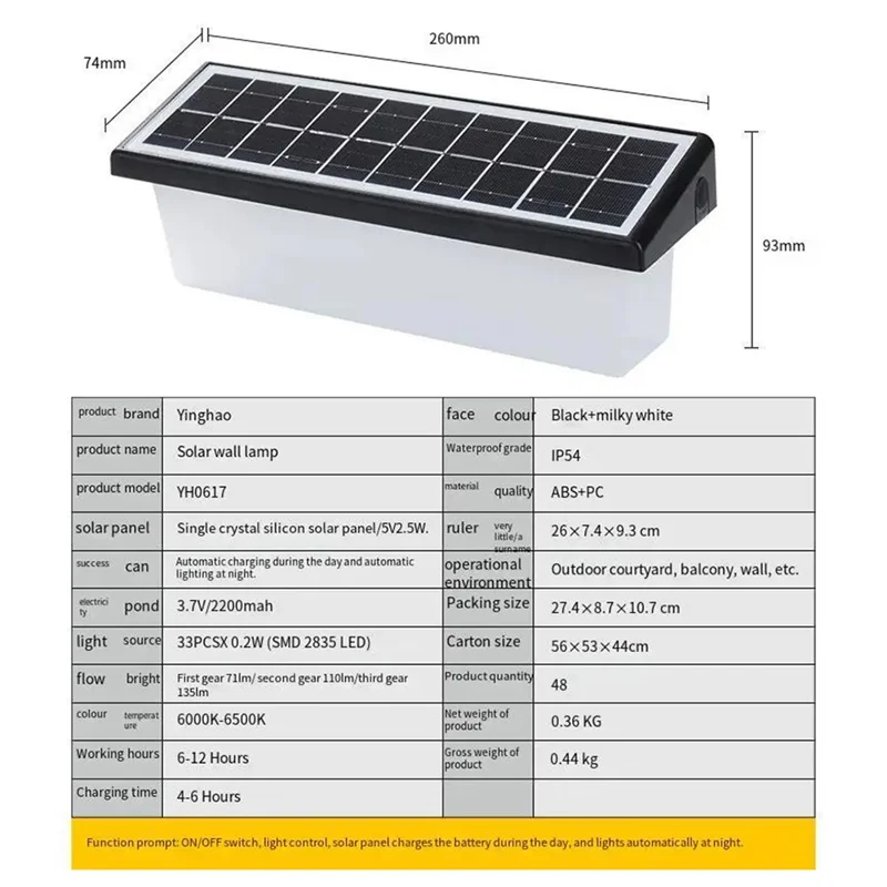 YH0617 Solar Powered Outdoor Waterproof Fence Light Wall Lamp for Garden Yard - White Light