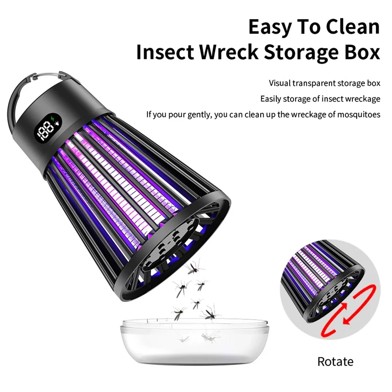 J03 Bug Zapper Outdoor Home Mosquito Killing Lamp Portable Silent Electric Fly Traps - Black