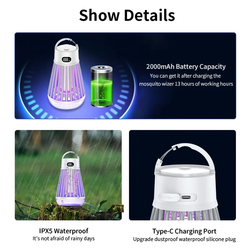J03 Bug Zapper Outdoor Home Mosquito Killing Lamp Portable Silent Electric Fly Traps - Black