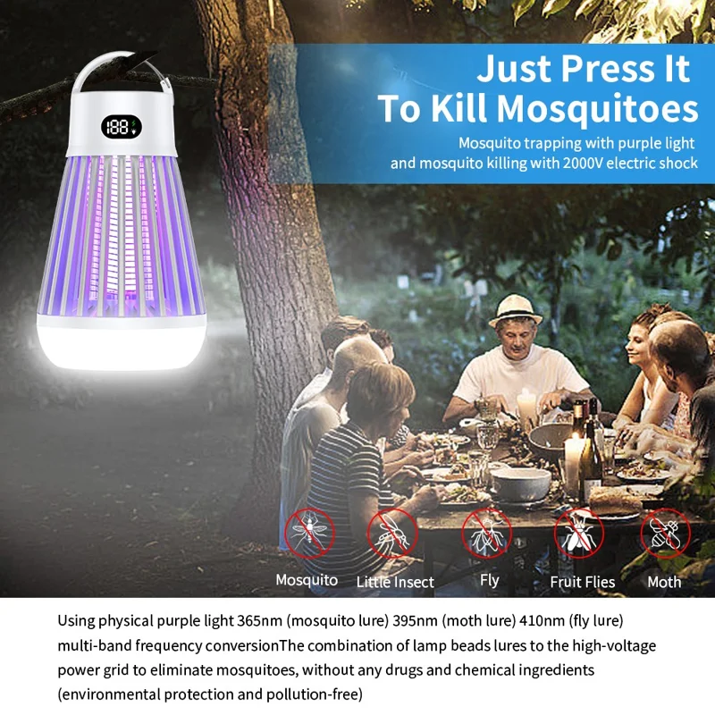 J03 Bug Zapper Outdoor Home Mosquito Killing Lamp Portable Silent Electric Fly Traps - Black