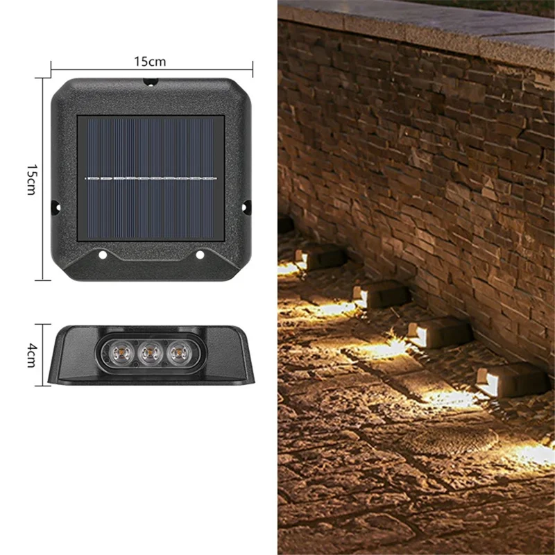 Luces solares de peldaños LED de 3 LED, impermeables, de un solo lateral, lámpara LED para sendero de plataforma, lámpara de pared exterior - Luz cálida