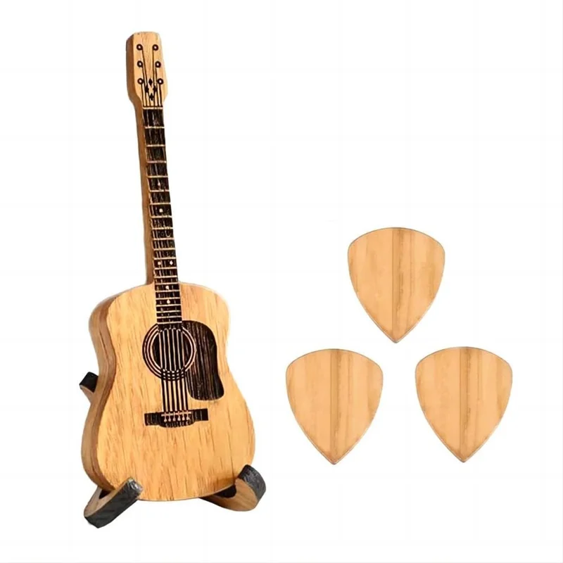 Rubber Wood Guitar Pick Case Storage Box with Stand Holder + 3 Guitar Plectrums