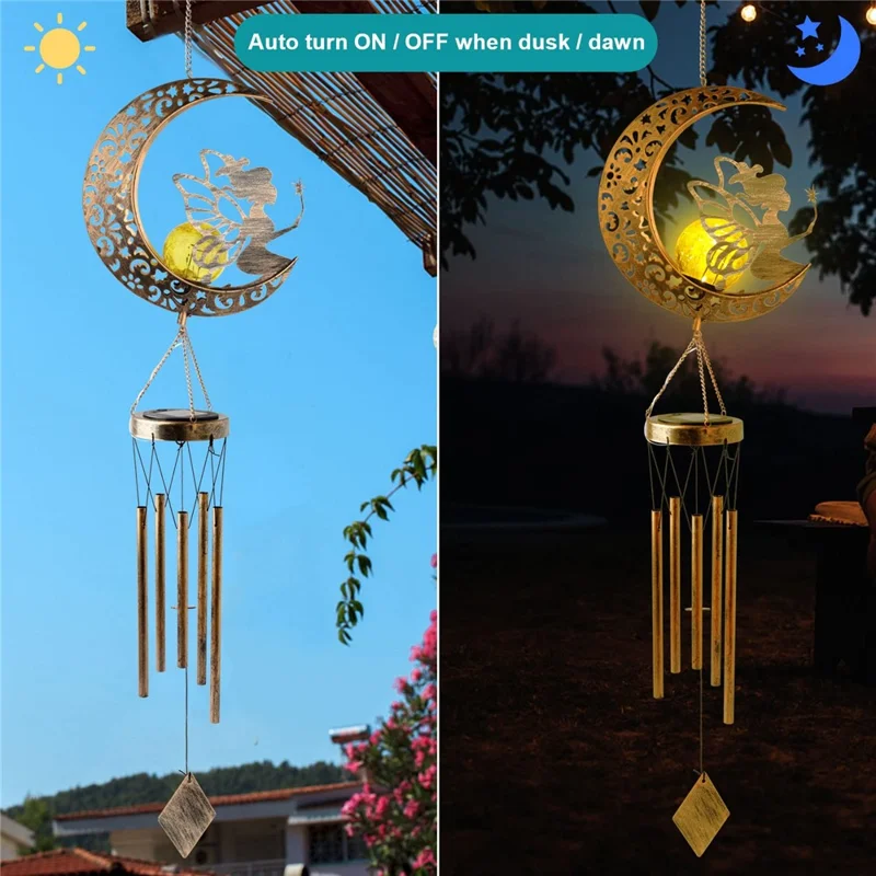 Outdoor Hanging Wind Chimes Solar Light Iron Art Waterproof Garden Decoration - Lua e Fada