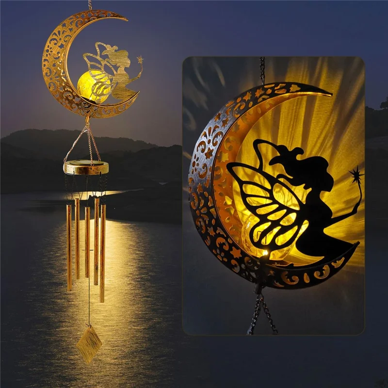 Outdoor Hanging Wind Chimes Solar Light Iron Art Waterproof Garden Decoration - Lua e Fada