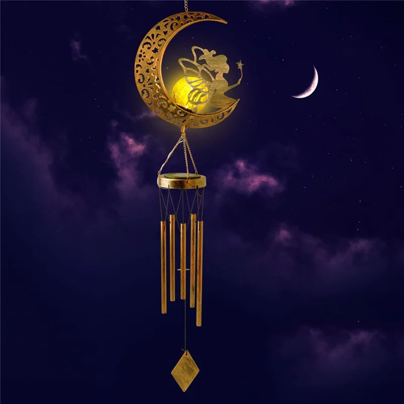 Outdoor Hanging Wind Chimes Solar Light Iron Art Waterproof Garden Decoration - Lua e Fada