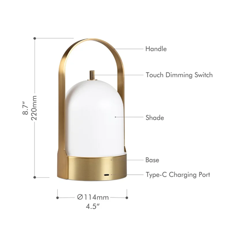 COMELY Dawn Portable Handle Design Night Light Retro Rechargeable Touch Dimming LED Table Lamp Home Bar Decor - Nickel Color