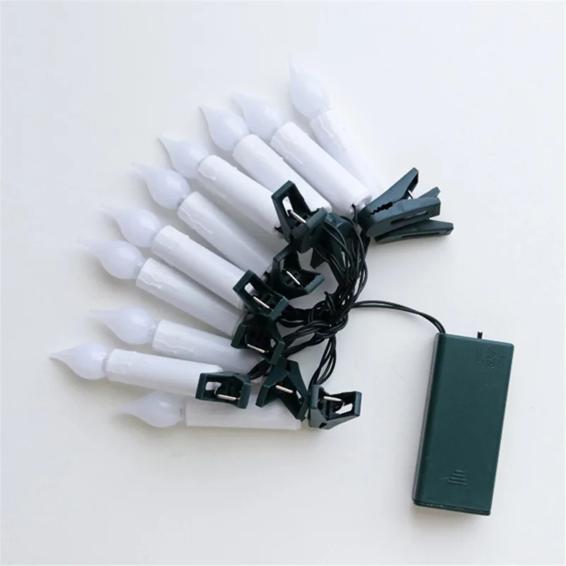 1m 10-LED Clip Design Candle LED String Light Christmas Tree Birthday Party Decorative Lamp, 2xAA Battery / Flashing+Timing