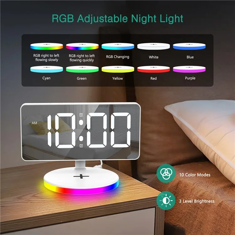 TS-3001X-B Mirror Surface Digital LED Clock 15W Phone Wireless Charger RGB Night Light - White
