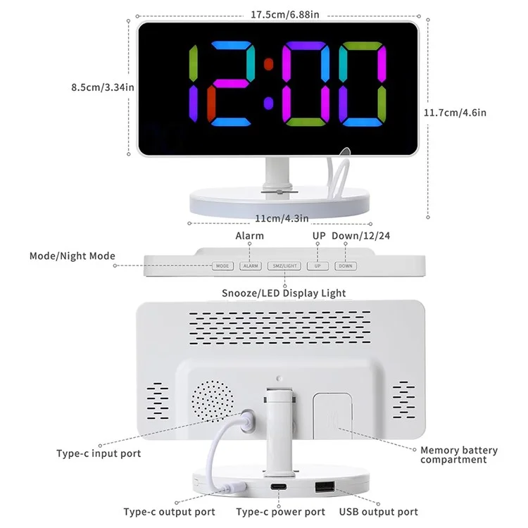 TS-3001X-B Mirror Surface Digital LED Clock 15W Phone Wireless Charger RGB Night Light - White