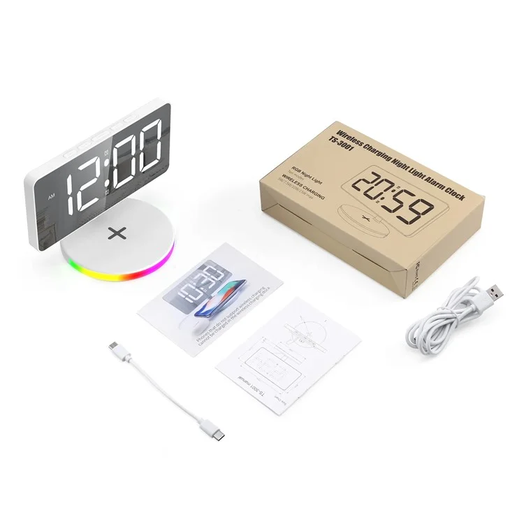 TS-3001X-B Mirror Surface Digital LED Clock 15W Phone Wireless Charger RGB Night Light - White