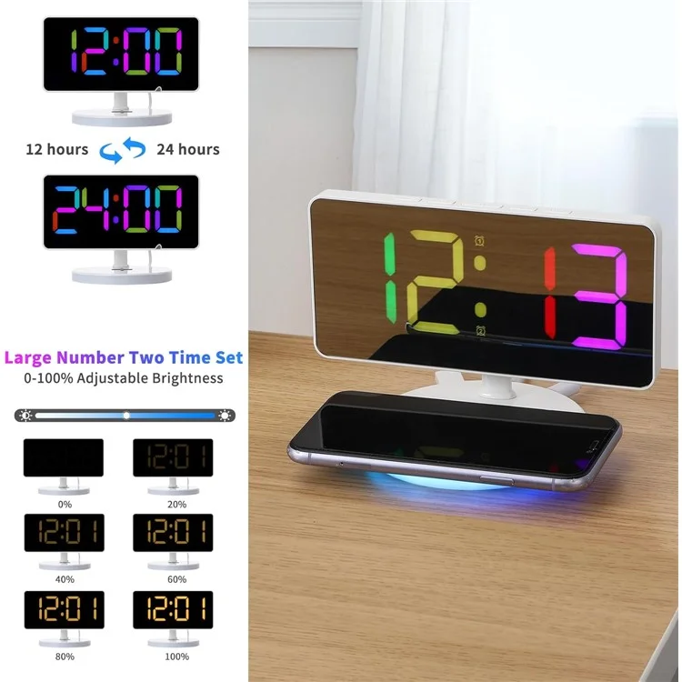 TS-3001X-B Mirror Surface Digital LED Clock 15W Phone Wireless Charger RGB Night Light - White
