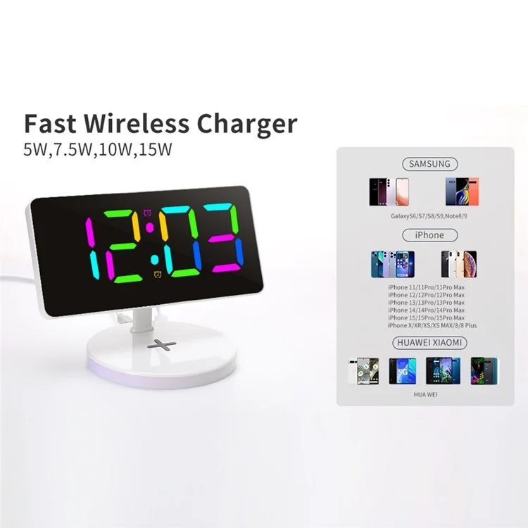 TS-3001X-B Mirror Surface Digital LED Clock 15W Phone Wireless Charger RGB Night Light - White