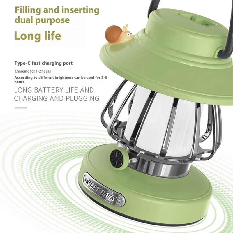 ZM1617 Snail Decor Retro Camping Tent Lantern Hanging Lamp Home Bedside LED Night Light - Verde