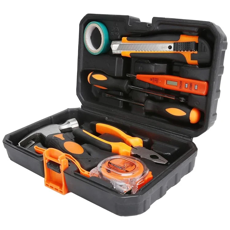2109B 9 Teiliges Set Kohlenstoffstahl Universalmesser Drahtschneider Schraubendreher Elektrischer Testbolzen Werkzeugbox für Heimwerker