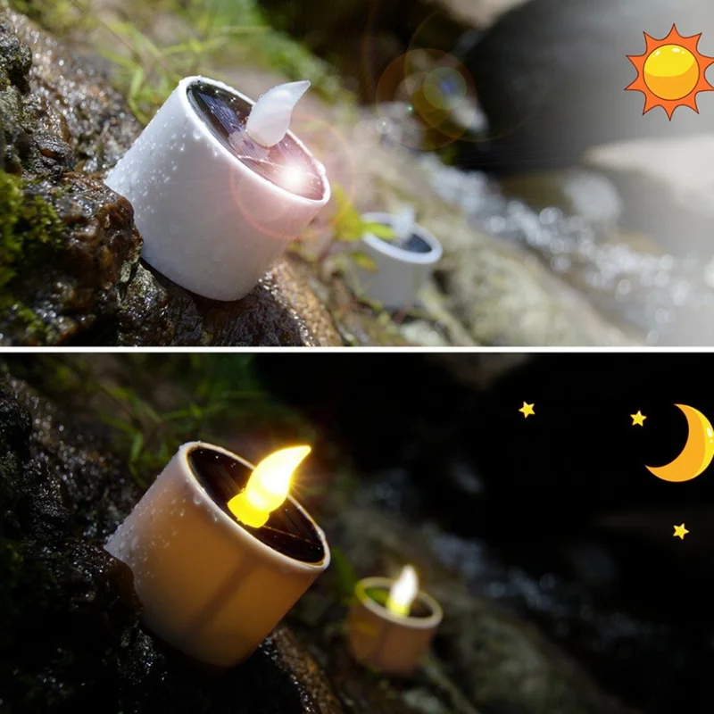6PCS Solar Powered Flameless Tealights LED Electric Tea Lights Fake Votive Candles - Flickering Yellow Light
