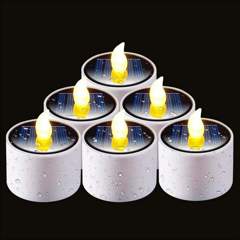 6PCS Solar Powered Flameless Tealights LED Electric Tea Lights Fake Votive Candles - Flickering Yellow Light