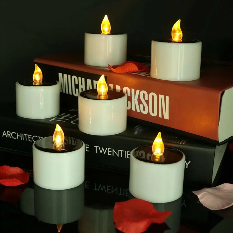 6PCS Solar Powered Flameless Tealights LED Electric Tea Lights Fake Votive Candles - Flickering Yellow Light