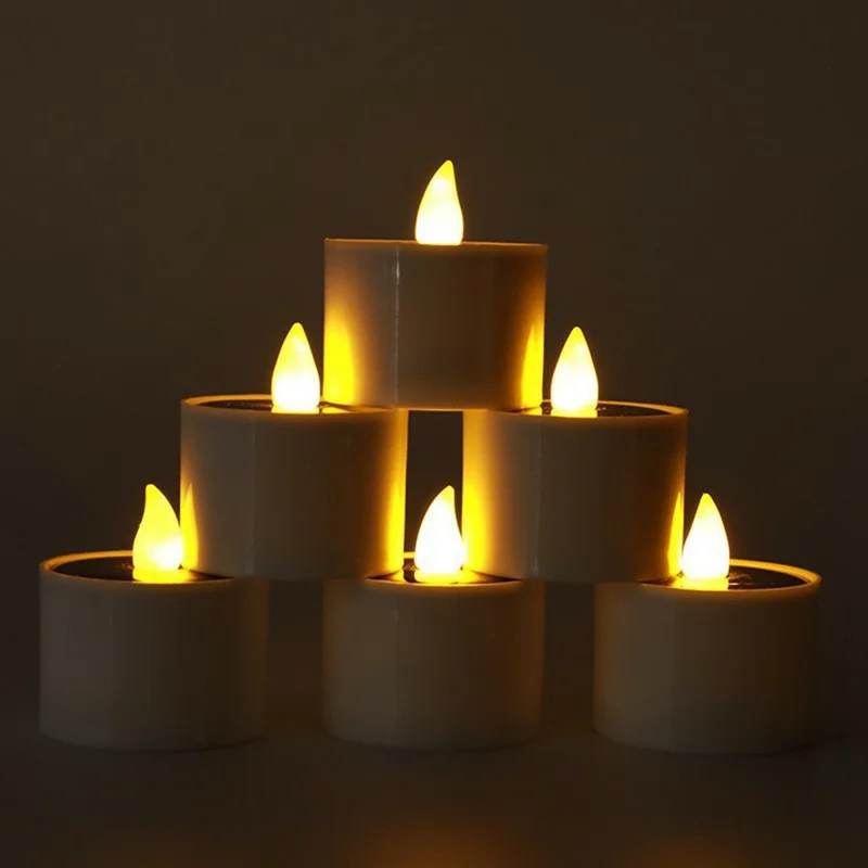 6PCS Solar Powered Flameless Tealights LED Electric Tea Lights Fake Votive Candles - Flickering Yellow Light