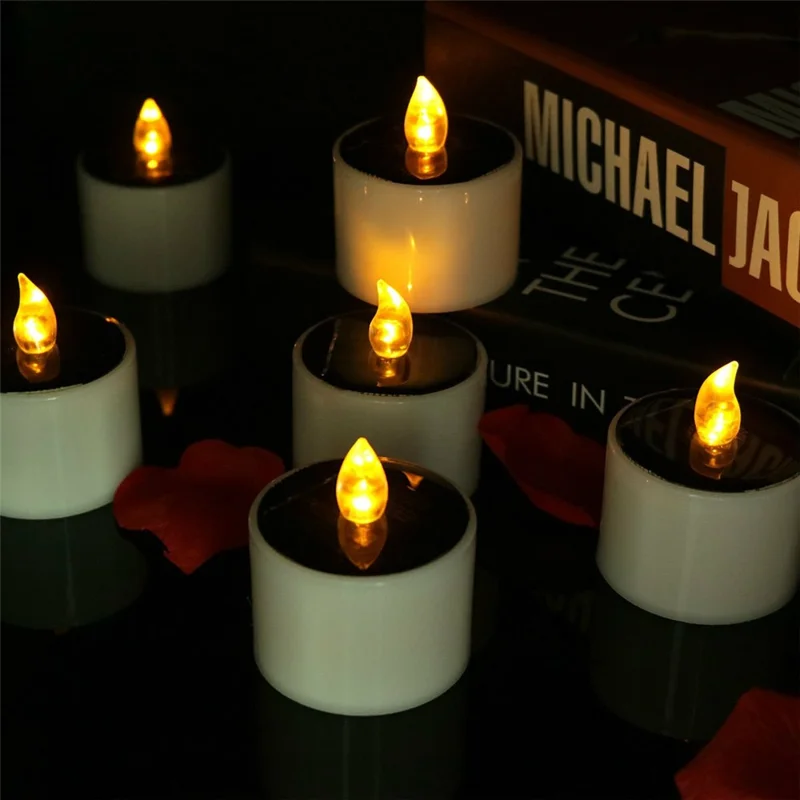 6PCS Solar Powered Flameless Tealights LED Electric Tea Lights Fake Votive Candles - Flickering Yellow Light