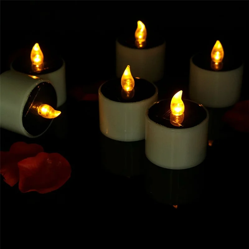 6PCS Solar Powered Flameless Tealights LED Electric Tea Lights Fake Votive Candles - Flickering Yellow Light