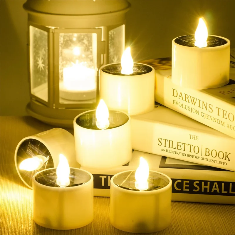 6PCS Solar Powered Flameless Tealights LED Electric Tea Lights Fake Votive Candles - Flickering Yellow Light