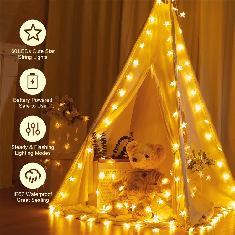 Star String Lights Battery Operated 10m 60 LED IP67 Waterproof Fairy String Lights for Wedding Party, Garden - Warm Light