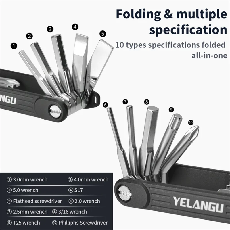 Yelang LW-A02 10-en-1 Alliage D'aluminium + Clés Multi-fonctions en Acier Outil de Réparation Portable