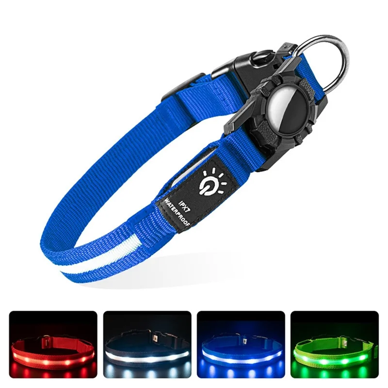 LED Light Nylon Pet Dog Neck Collar Gift with Protective Cover for AirTag Tracker (CE Certified) - Blue Light / S