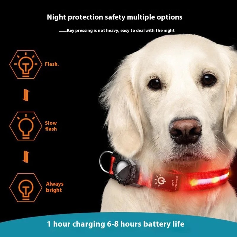 LED Light Nylon Pet Dog Neck Collar Gift with Protective Cover for AirTag Tracker (CE Certified) - Blue Light / S