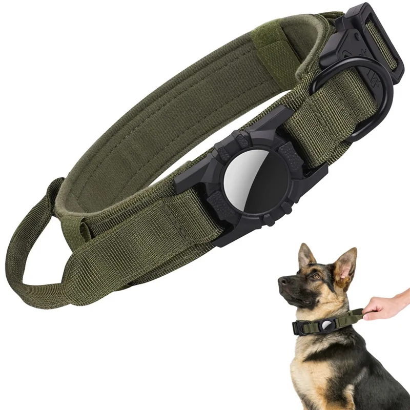 Tactical Dog Collar Nylon Adjustable Pet Collar Gift with Control Handle and Protective Cover for AirTag - Army Green / M