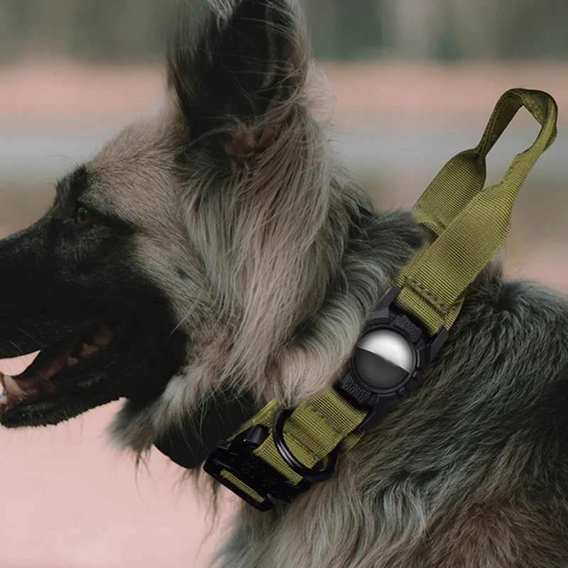 Tactical Dog Collar Nylon Adjustable Pet Collar Gift with Control Handle and Protective Cover for AirTag - Army Green / M