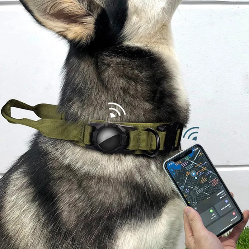 Tactical Dog Collar Nylon Adjustable Pet Collar Gift with Control Handle and Protective Cover for AirTag - Army Green / M