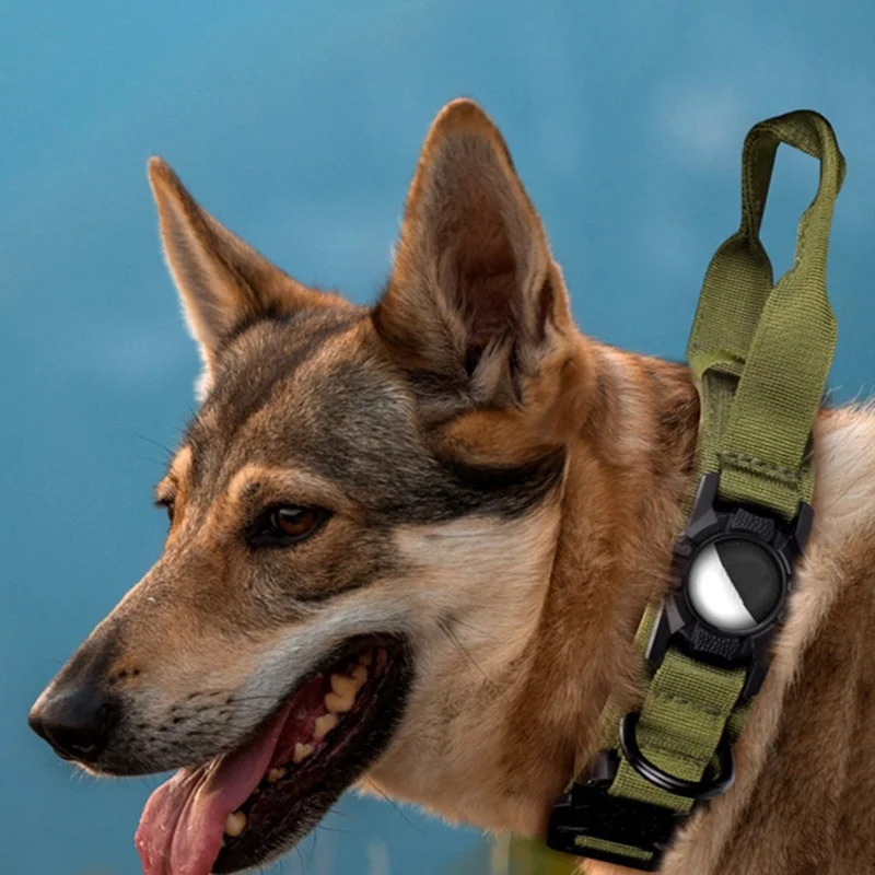 Tactical Dog Collar Nylon Adjustable Pet Collar Gift with Control Handle and Protective Cover for AirTag - Army Green / M